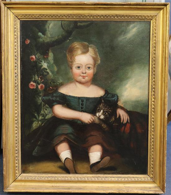 Early 19th century English School Portrait of a child seated with a cat and roses, 24 x 19.5in.